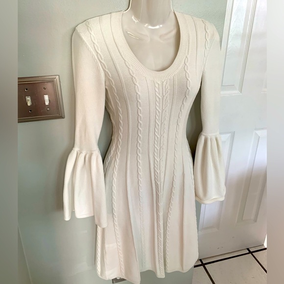 BCBGMaxAzria Dresses & Skirts - BCBG MaxAzria Women’s XS Cable Sweater Dress Cream White Bell Sleeves